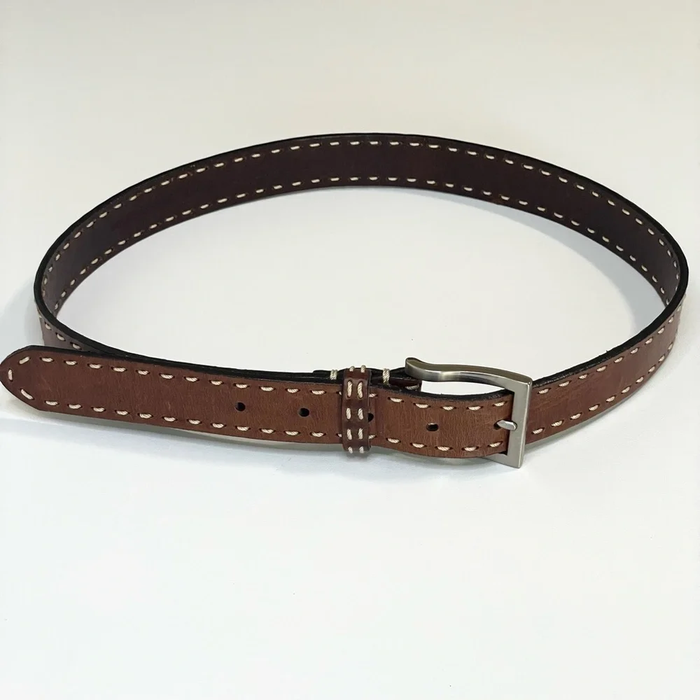 Brown Leather Stitched Belt Medium Classic Unisex Medium